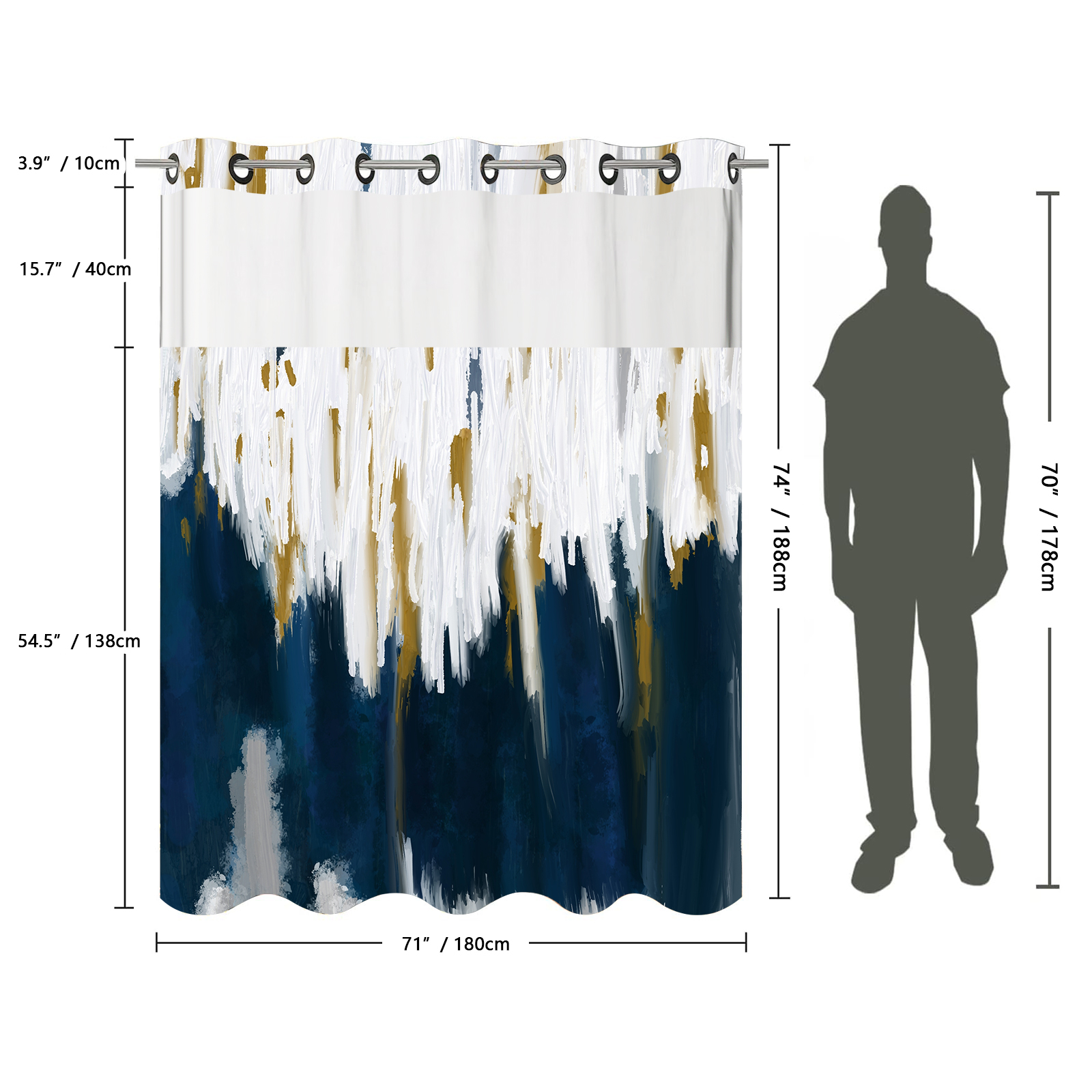No Hooks Navy Blue and Gold Shower Curtain Set with Snap in Liner, Blue and White Graffiti Brush Strokes Oil Painting Abstract Bathroom Decor, Double Layers Waterproof Fabric Bath Curtain 71" X 74"