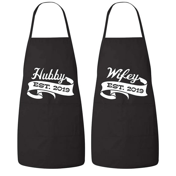 FASCIINO Set of Hubby and Wifey EST. 2019 His and Hers Couples Apron Valentines Wedding Bridal Gift 2pcs