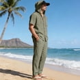 thumbnail image 3 of Men's 2 Piece Outfits Cotton Linen Vacation Summer Clothes Matching Short Sleeve Button Up Hoodie Pants Sets (3XL, Army Green), 3 of 8