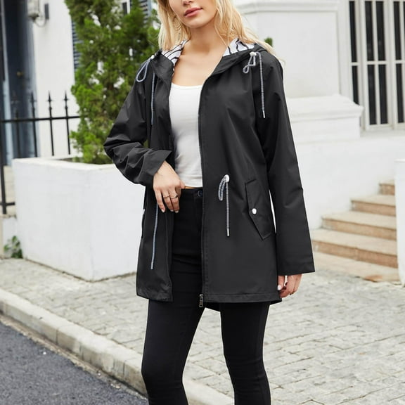 Qetyuw Womens Waterproof Rain Coat Full Zip Up Outdoor Mid Length Hoodie Jacket Long Sleeve Casual Outwear