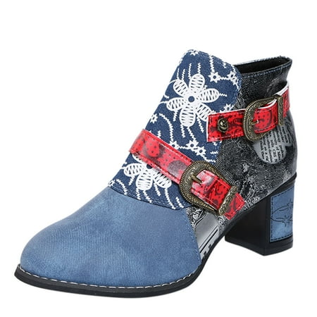 

Qufokar Womens Mid Calf Winter Snow Boots Toe Boots for Women Women Booties Retro Embroidery Flower Round Short Toe Zipper Heels Shoes Print Women S Boots