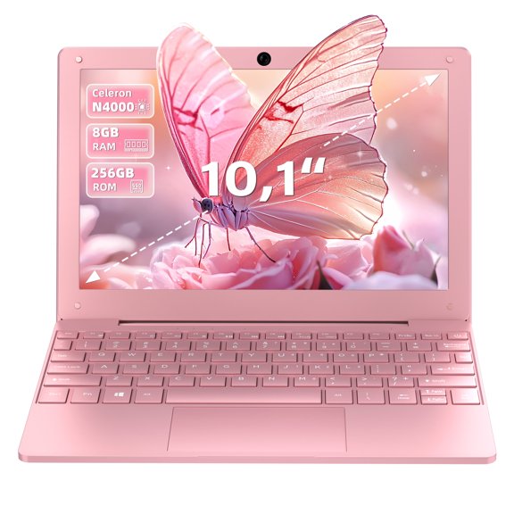 10.1-inch Portable Mini Pink Laptop Computer, DDR4 8GB RAM, 256GB SSD, Celeron N4000, Built-in Webcam, Notebook With WiFi, HDMI, Bluetooth, Type-C Charging, Easy to Carry
