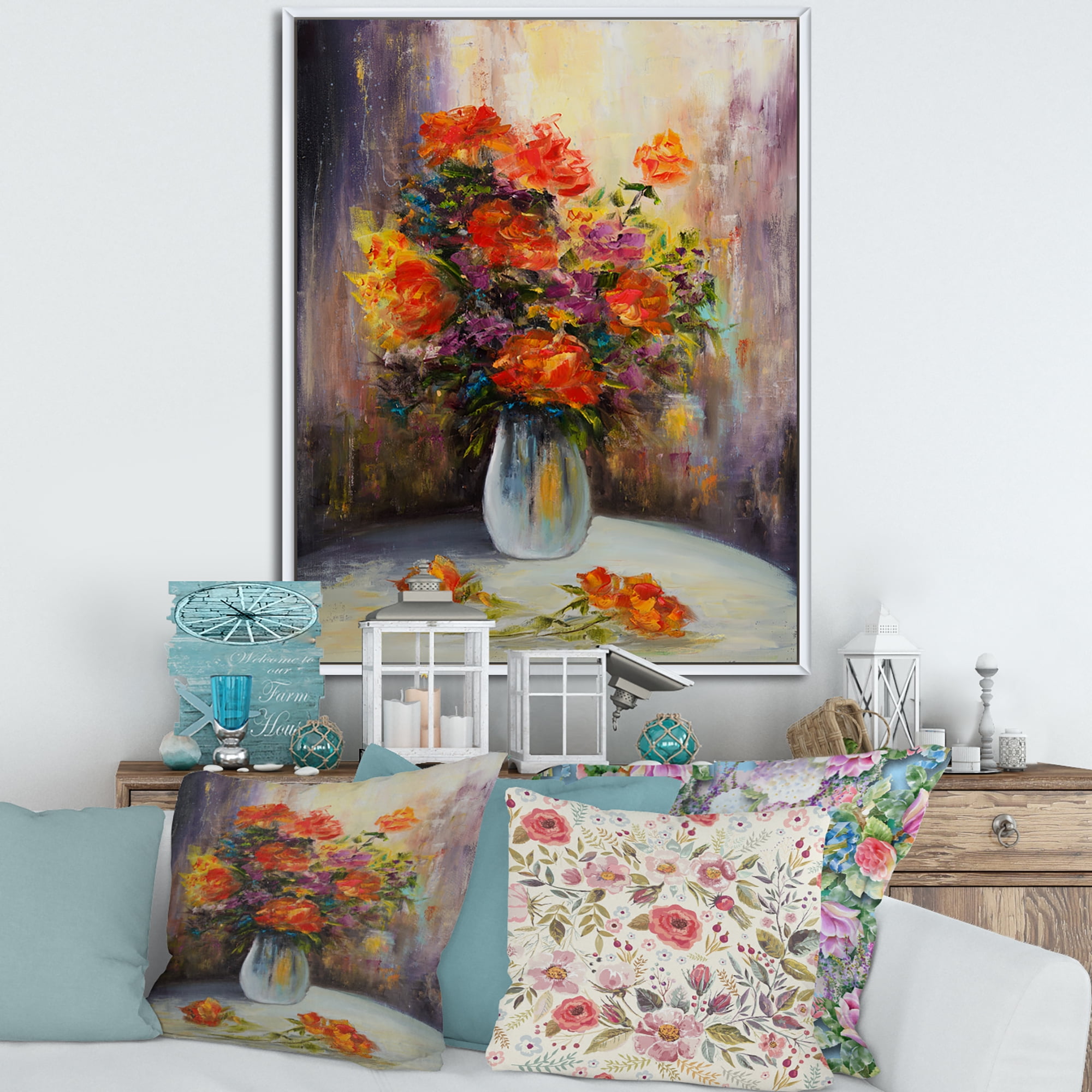 Still Life Bouquet With Yellow and Red Flowers 12 in x 20 in Framed Painting Canvas Art Print, by Designart