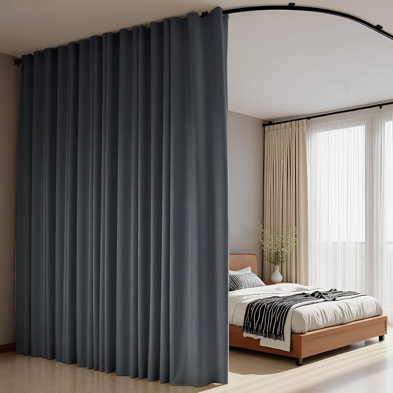 Room Divider Curtains Flexible Ceiling Tracks set Curtain track Ceiling Mount Blackout Curtain for Living Room Bedroom Ceiling Curtain Rod Privacy Dividers Panels W150 x H108 Grey Drape & Black rail