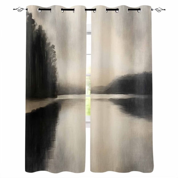 Black Beige Lake Blackout Curtains for Bedroom/Living Room, Thermal Insulated Kitchen Curtains, Abstract Aesthetics Mysterious Grommet Darkening Window Treatment Drapes 27.5"x39"x2