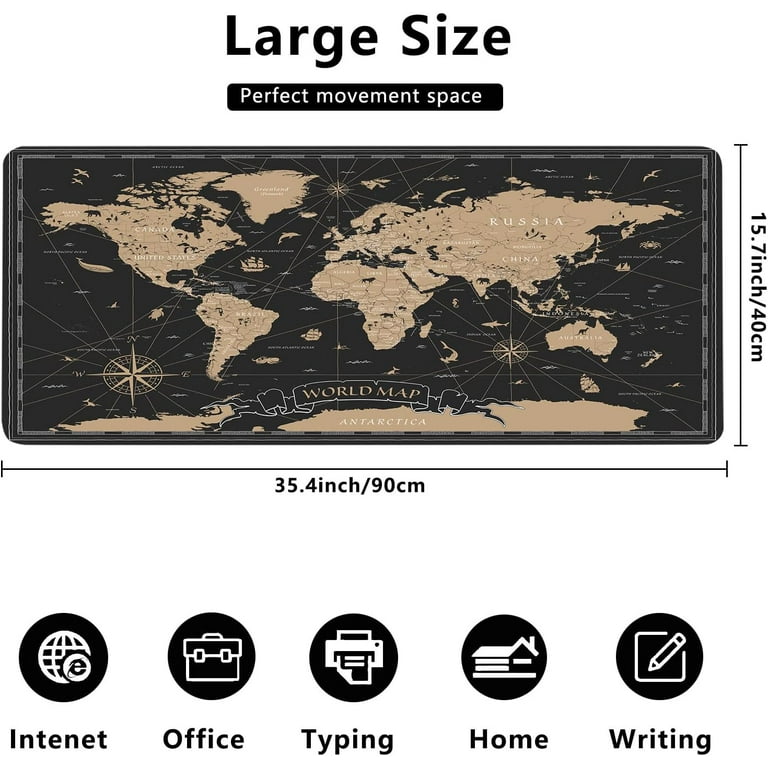 Vintage World Map Desk Mat,Black Golden World Map Extended Gaming