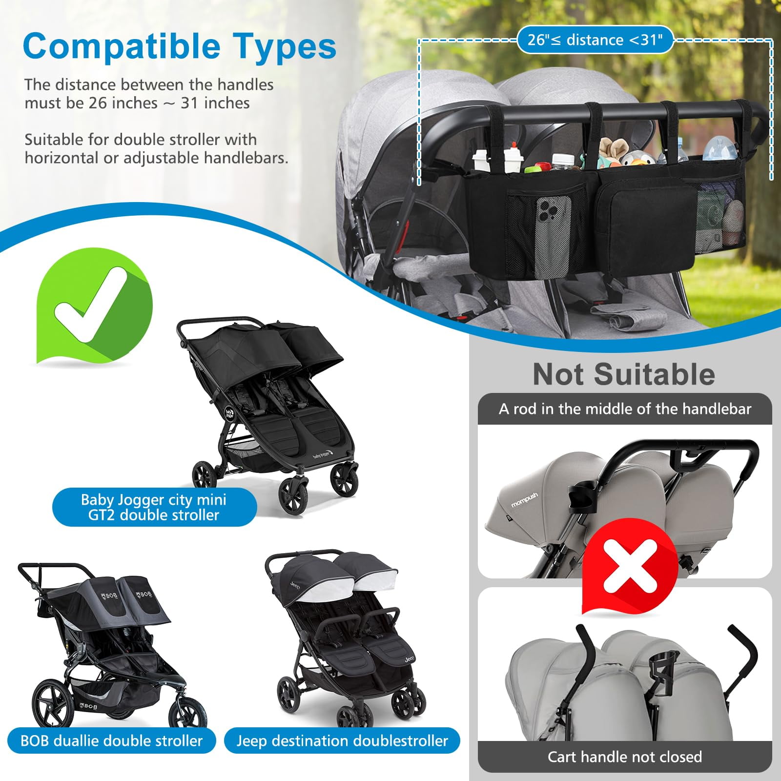 Double Stroller Organizer Double Baby Stroller Accessories with Pockets, Parent Console Double Jogging Stroller Organizer(Empty Bag)