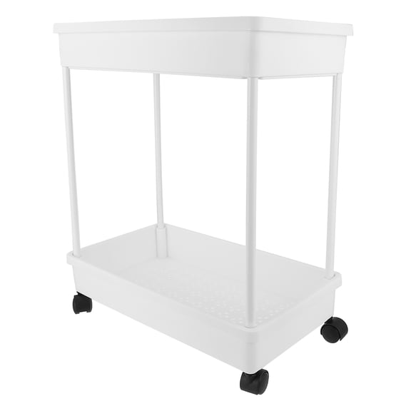 WEUVEB White 2-Tier Rolling Storage Cart with Lockable Wheels, Mobile Organizer Shelf for Kitchen, Bathroom, Office, Home