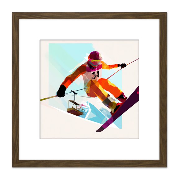Skier In Jump Motion Ski Skiing Bright Watercolour Snow Mountain Winter Sport Square Wooden Framed Wall Art Print Picture 8X8 Inch