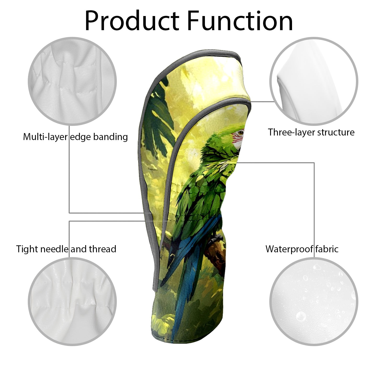 Golf Club Covers PU Leather Waterproof Head Covers for Fairway Woods Hybrids Green Parrot Unisex Fits Most Brands