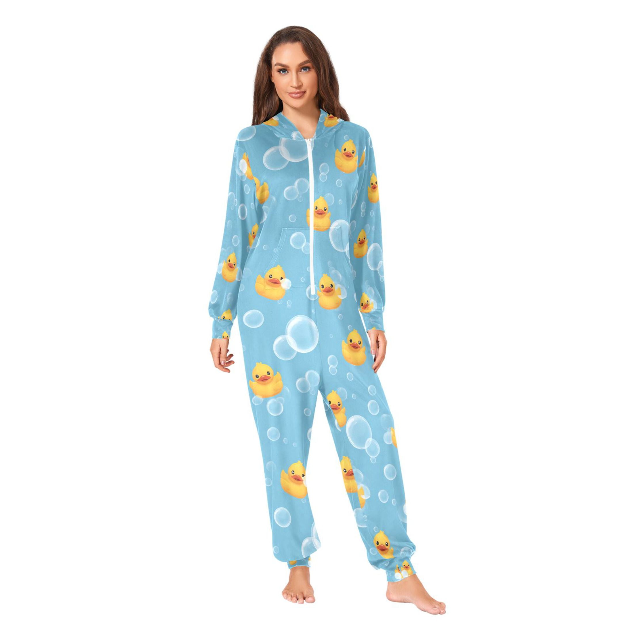 Adult Christmas Onesie Cartoon Yellow Duck Adult Zipper One-Piece Pajamas Unisex Pajamas with Pockets