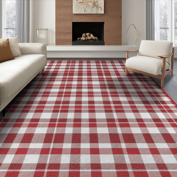 ODIKA 8'x10' Washable Area Rug Checkered Checked Farmhouse Gingham Grid Striped Christma Plaid Flowing Dynamic for Dining Room, Large Office, Lounge, Non-Slip Chair-Friendly Mat