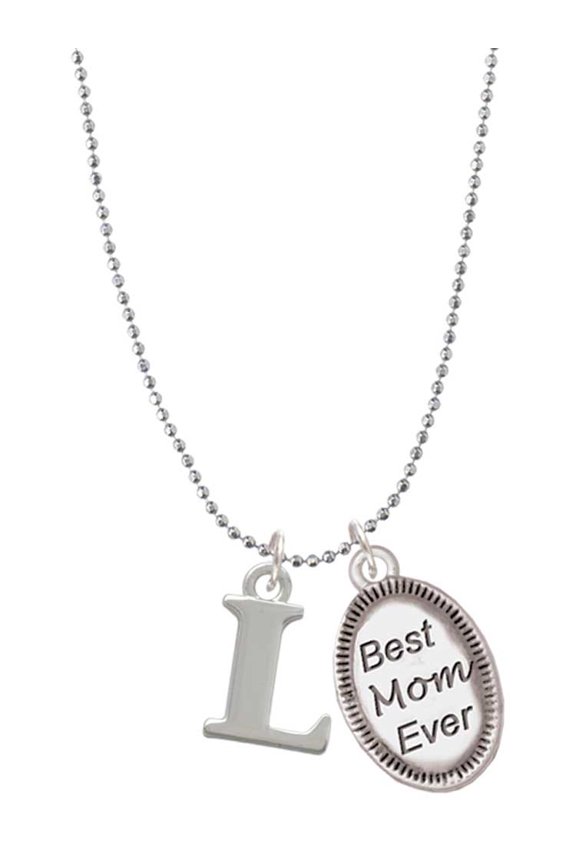 Silvertone Large Initial - L - Best Mom Ever Charm Necklace