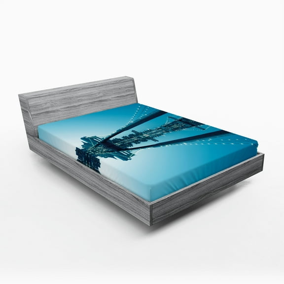 Ambesonne New York Fitted Sheet, Monochrome American, Full Size, Blue White