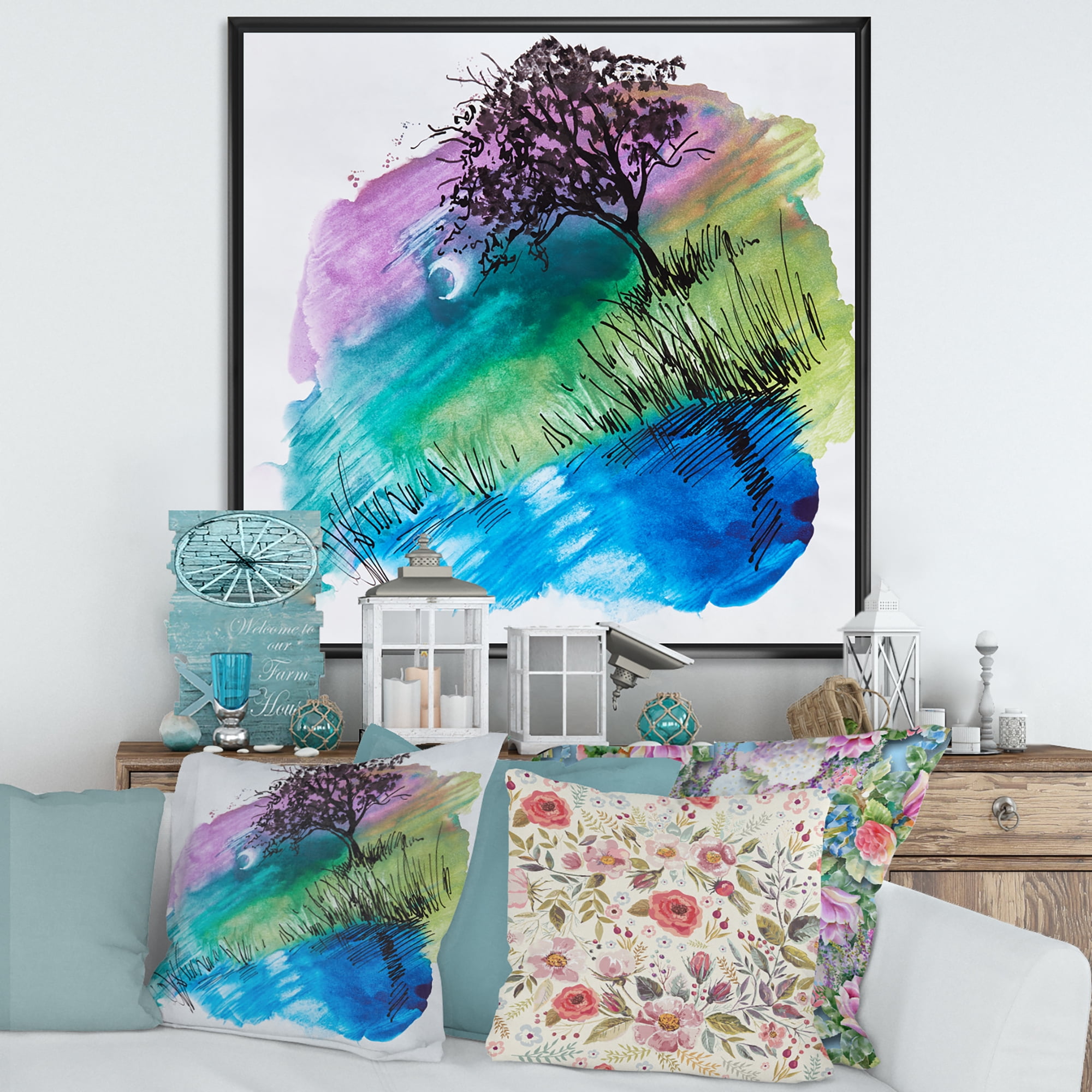 Designart 'Rainbow Silhouette Of Tree On The Riverbank At Night' Modern Framed Canvas Wall Art Print