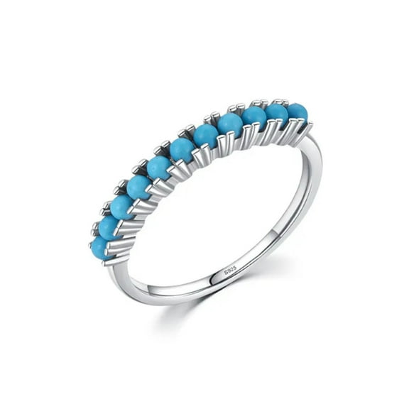 Round Cabochon Lab-Created Turquoise Half Eternity Wedding Band Ring in 925 Sterling Silver – Elegant Jewelry for Her