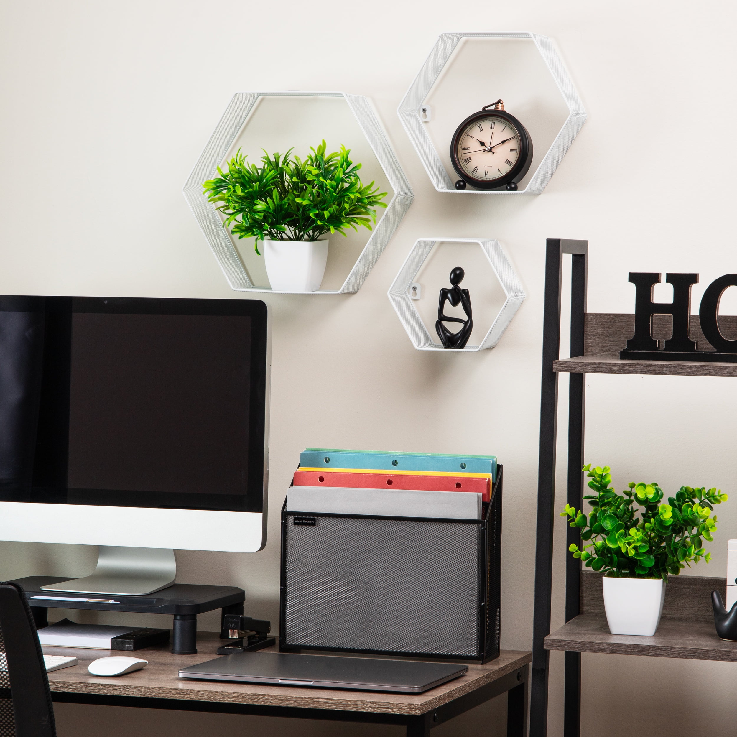 Mind Reader Hexagon Floating Shelves, Wall Decor, Honeycomb Accent Shelf, Office, Metal Mesh, 14"L x 4"W x 12"H, Set of 3, White
