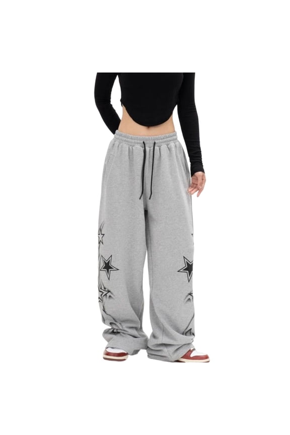 Womens Star Print Wide Leg Sweatpants With Drawstring Elastic Waist Pockets For Street Style Casual Daily Wear Grey