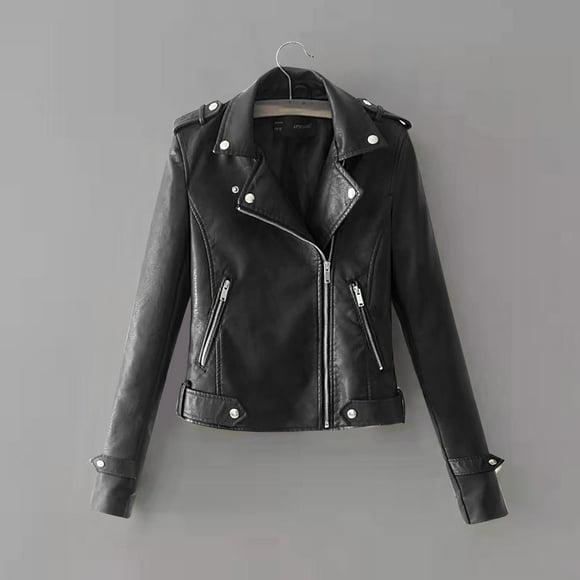 MKLEKYY Warm Jackets Women Womens Casual Solid Color Lapel Zipper Long Sleeve Leather Jacket Coat