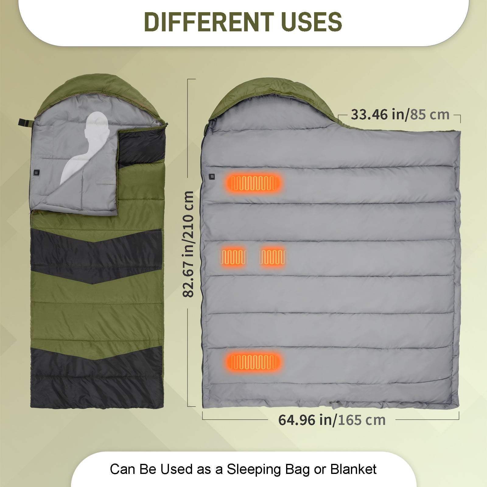 Ktaxon Heated Sleeping Bag,  Rectangular Lightweight Sleeping Bag with USB Powered Heating Pads for 14-50 °F, Compact Envelope Sleeping Bag for Camping Picnic Hiking, Green