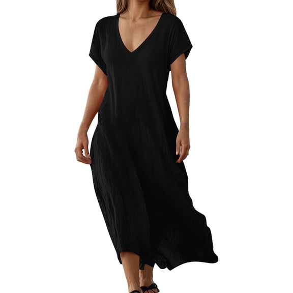 HGIEYS Summer Linen Dresses for Women 2026 Short Sleeve V Neck Shift Long Maxi Dresses Comfy Flowy Swing A Line Beach Dress