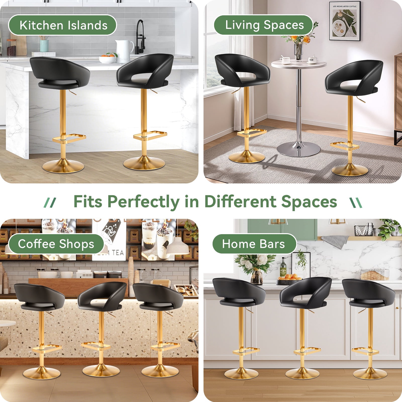 Modern Adjustable Bar Stools with PU Leather Seat, 360° Swivel Open Mid Back & Armrest Bar Stool– Ideal for Kitchen , Bar, Café, Counter Seating (Black)