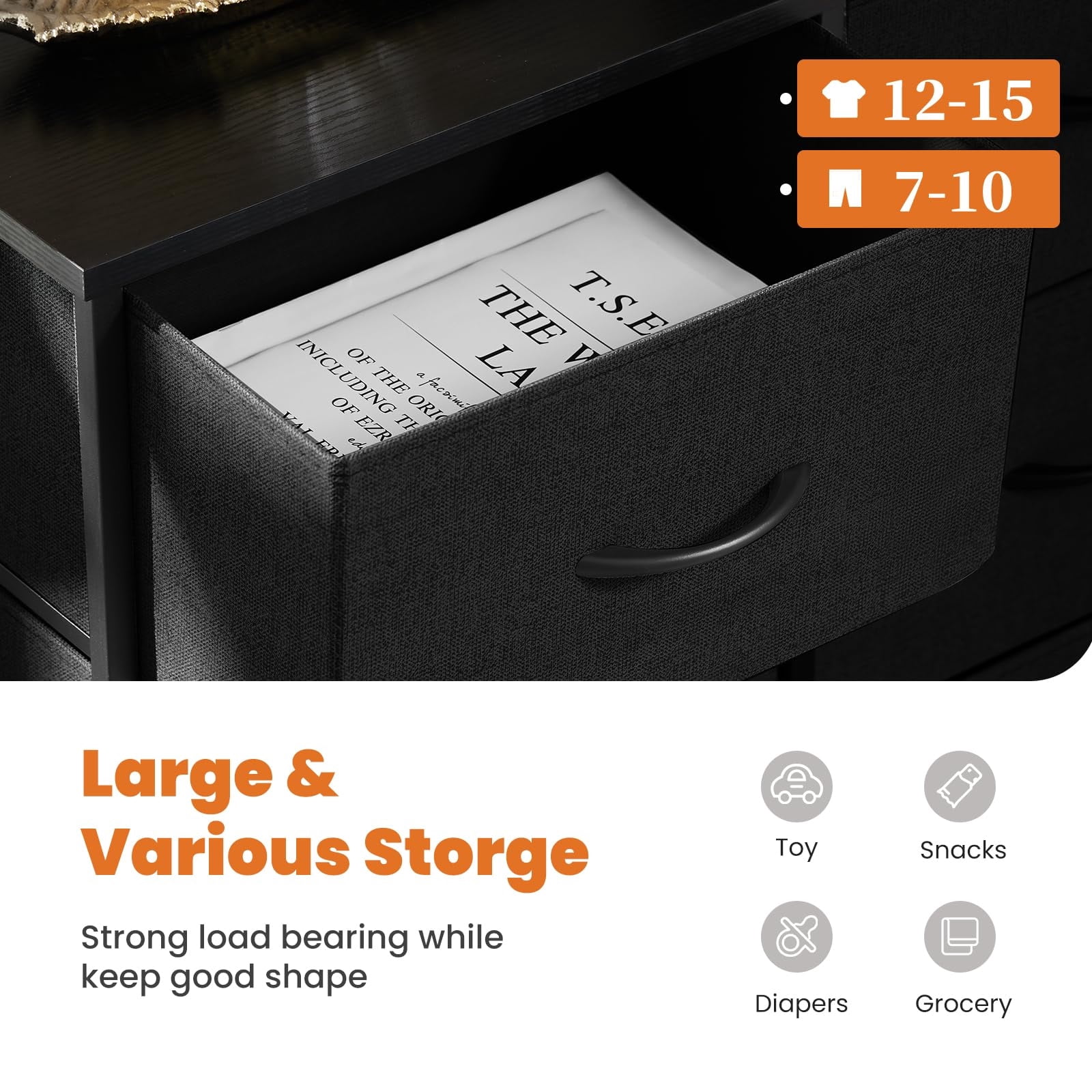 Telyra 8-Drawer Fabric Dresser Tall Storage Tower with Wood Top and Steel Frame Bedroom Closet Organizer, Black