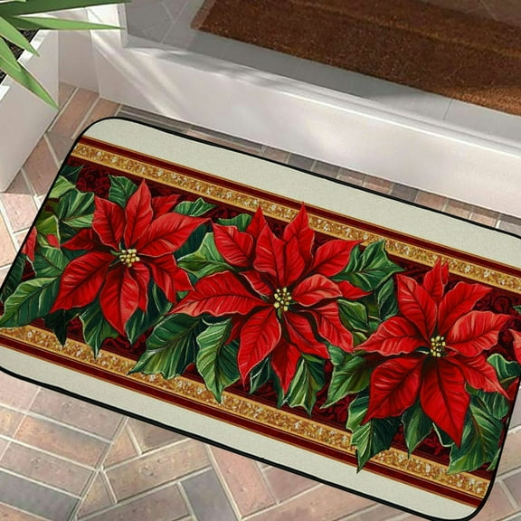Qinduosi Christmas Red Poinsettia Flower Kitchen and Door Mat, Winter Holiday Xmas Washable Non-Slip Floor Mat for Decor