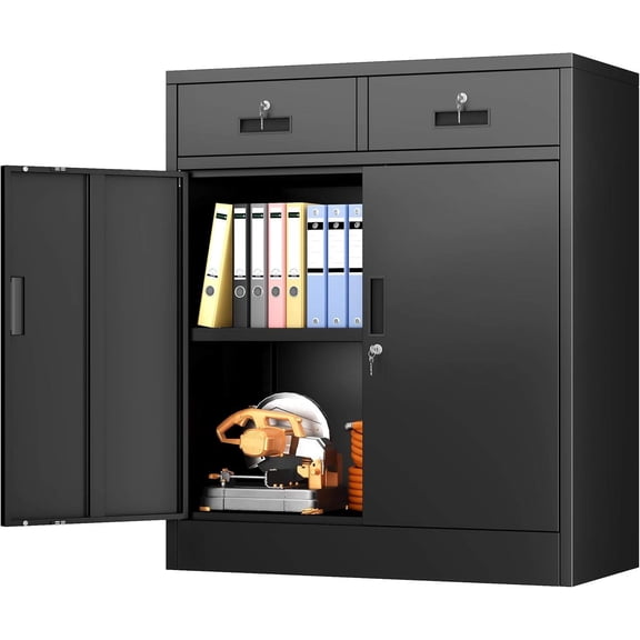 Metal Storage Cabinet with 2 Drawers and Adjustable Shelf, Locking Short Cabinet for Garage, Office, or Home, Black (36" H x 31.5" W x 16" D)