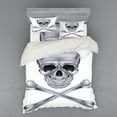 thumbnail image 2 of Grey Duvet Cover Set, Vivid Skull and Crossed Bones Dangerous Scary Dead Skeleton Evil Face Halloween Theme, Bedding Set with Shams and Fitted Sheet, 3 Sizes, by Ambesonne, 2 of 3