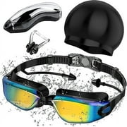 Adult Swim Goggles, Goggle with Nose Cover, Tinted, Anti-Fog Lenses with UV Protection, No Leak Water, Black