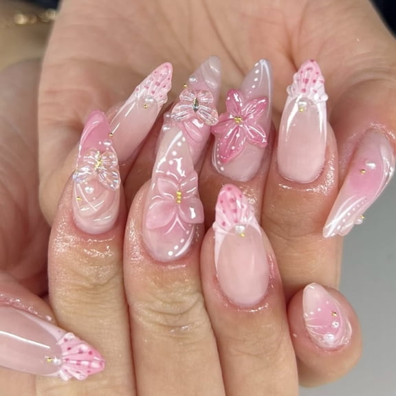 Spring and summer fashion short almond nail wearing nail wholesale pink 3D flower nail piece press on nails