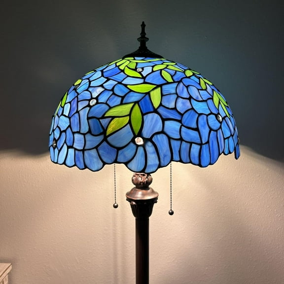 Enjoy Décor Lamps Tiffany 64-Inch 2-Light Leaves Blue Stained Glass Tiffany Floor Lamp with Glass Bowl Shade