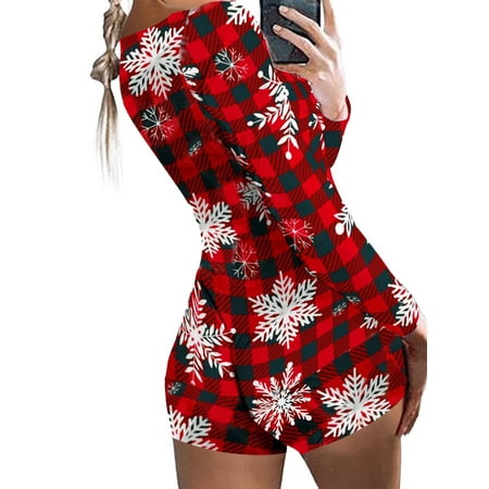 

Women Christmas Shorts Jumpsuit Printed Pajamas Romper Long Sleeve Playsuit U Neck Bodysuit Sexy Sleepwear Overall Xmas Holidays