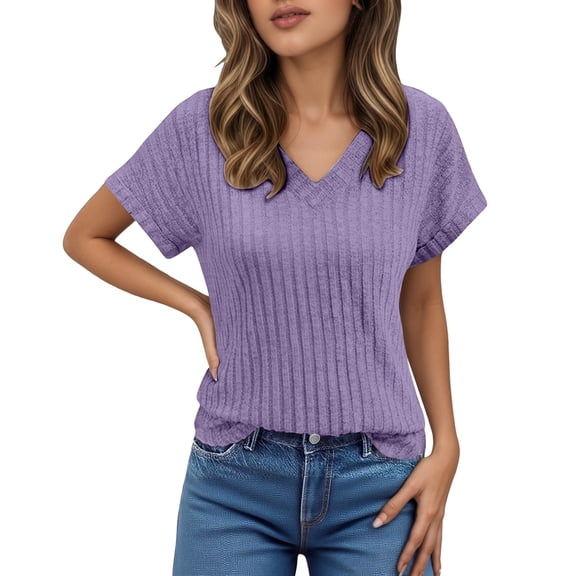 VNKIDY Women's Solid Color Relaxed Fit T Shirts Spring Summer Lightweight Short Sleeve V Neck Pullover For Casual Daily Wear Fashionable Tops