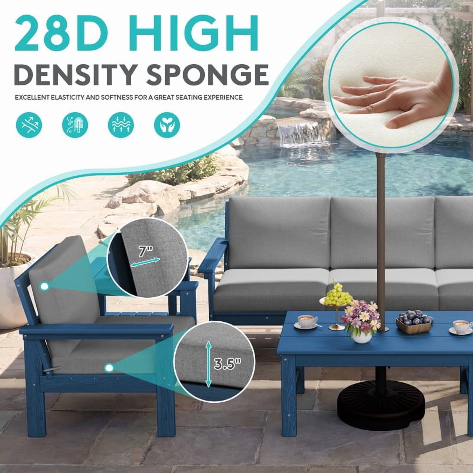 FUNDAZE Oversize 5 Pieces Patio Furniture Sets, Waterproof HDPE Frame Outdoor Conversation Sets Perfect for Patio, Poolside & Backyard, Navy Frame with Gray Cushion