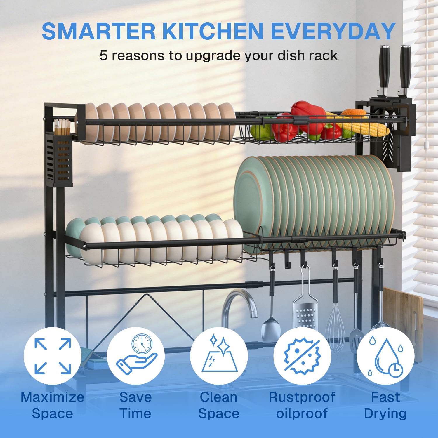 Behome Over The Sink Dish Drying Rack, 24.4-39.37"L x 11"W x 28.74"H (Expandable Length) 2 Tier Adjustable Stainless Steel Large Kitchen Dish Rack with Suction Cup, Snap-On Design, Black