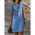 thumbnail image 1 of Robe Vintage en Coton et Lin Vêtements pour Femmes Été Décontractée à Lacets Col Rond Chic Tuniques Mode Midi Bleu Blanc Robes Vestidos, 1 of 7