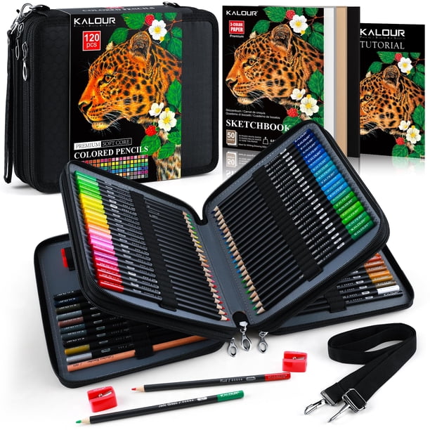 Set de Lápices de Colores KALOUR 120 de Base Óleo con Estuche y Cuaderno de Bocetos