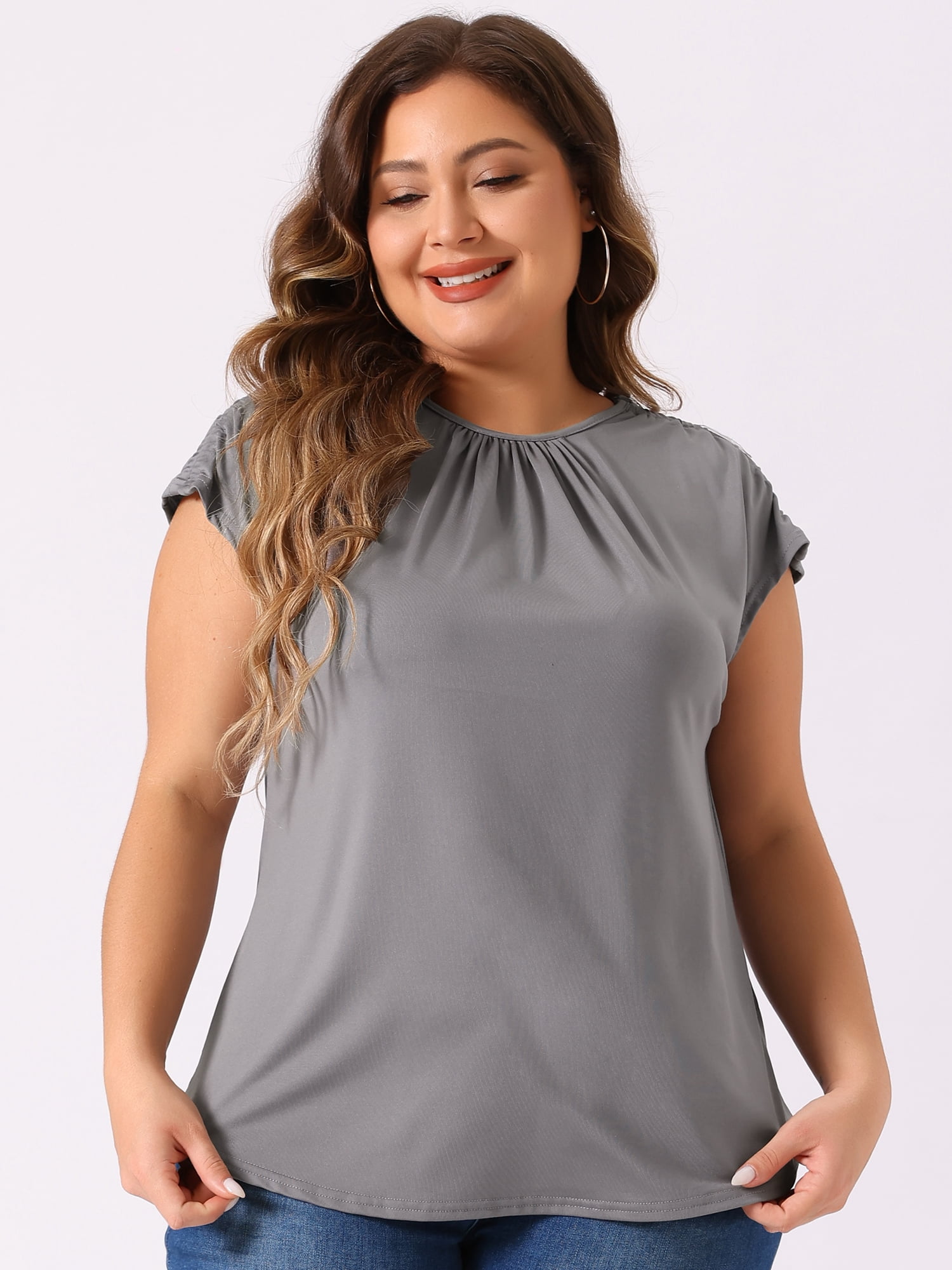 DARING DIVA Women's Plus Round Neck Ruched Short Sleeve Summer Top 2X Gray