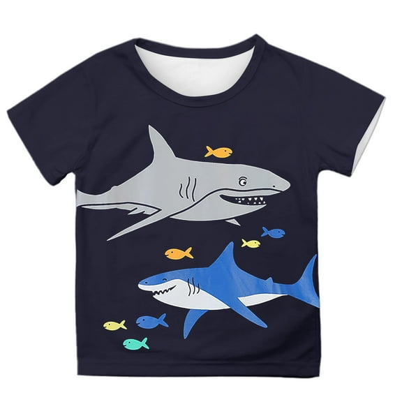 XUELUO Toddler Boys Athletic Shirts Summer Cartoon Shark Print Round Neck Short Sleeve Casual Outdoor T Shirts Daily-Wear,Blue,3-4 Years