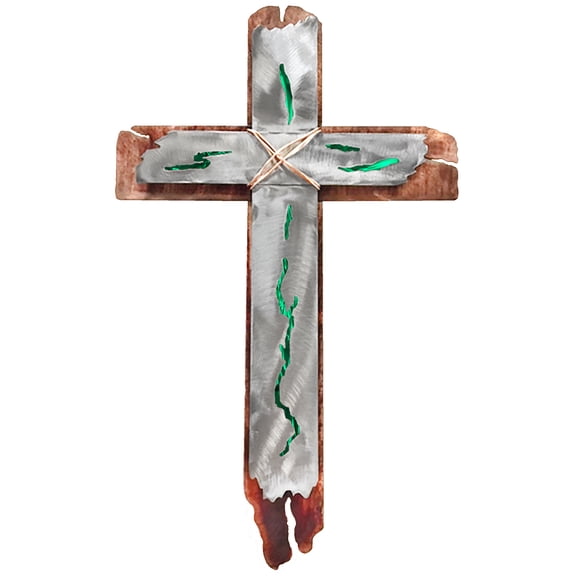 Multi-layer Elegant Rustic Metal Cross with Bold Color Inlays and Copper Wrap - Green