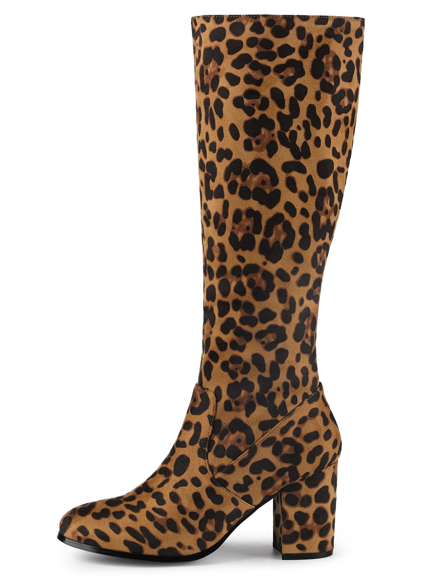 DARING DIVA Women's Stylish Side Zipper Chunky Heel Knee High Boots Leopard 8.5