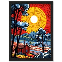 Supernova Sunrise Over Countryside Cabin Comic Book Style Mountain Landscape Pop Art Halftone Artwork Framed Wall Art Print A4