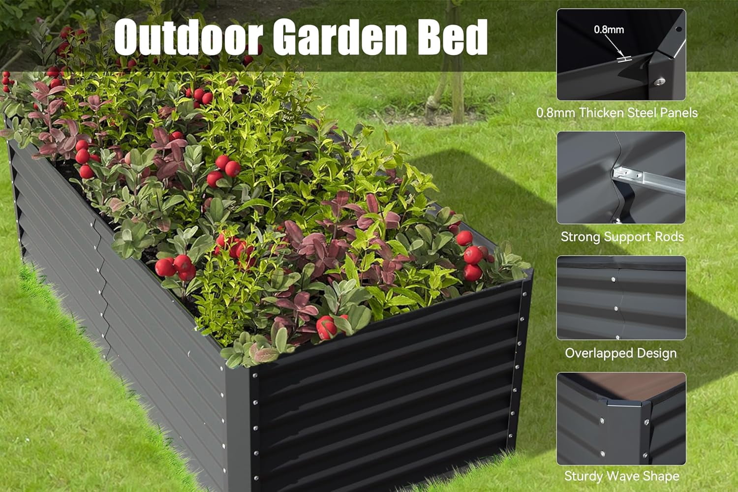 AsterOutdoor Galvanized Raised Garden Bed, Large Outdoor Metal Planter Box for Vegetables, Fruits & Flowers, Dark Grey 8x4x1.5 Ft