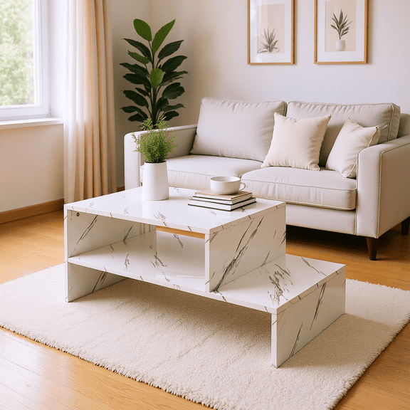 Homy Casa Modern Marble-Look Coffee Table, 2-Tier MDF Living Room Center Table with Open Storage Shelf