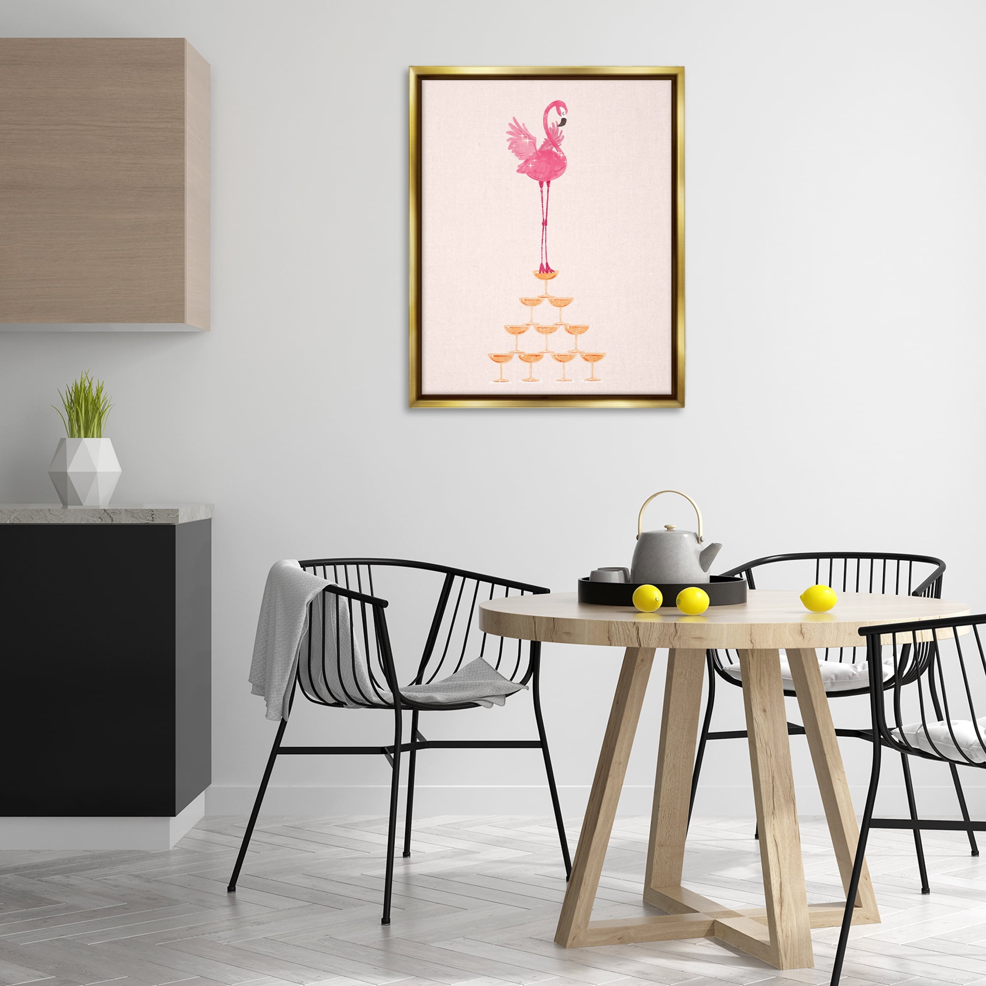 Stupell Industries Balancing Flamingo & Wine Novelty Painting Gold Floater Framed Art Print Wall Art, 25 x 31