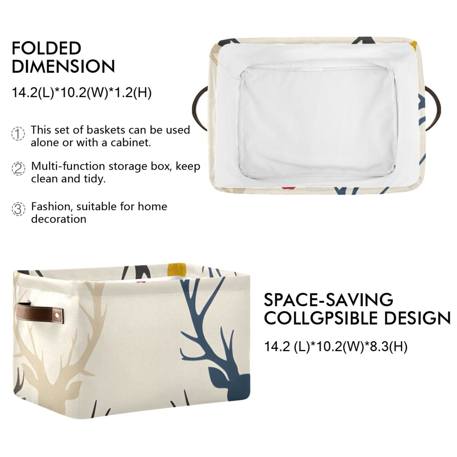 Print Antlers Deer Head Storage Bins Baskets With Handles Storage Box Clothes Organizer Organization Toys