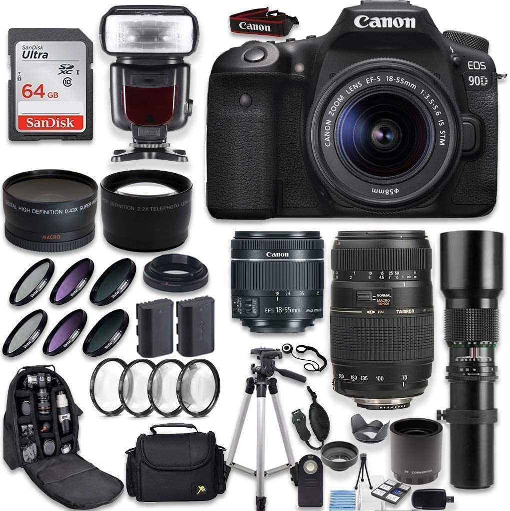 Canon EOS 90D Digital SLR Camera + 18-55mm STM + Canon 75-300mm III Lens +  SD Card Reader + 64gb SDXC + Remote + Spare Battery + Accessory Bundle  90D185575300III