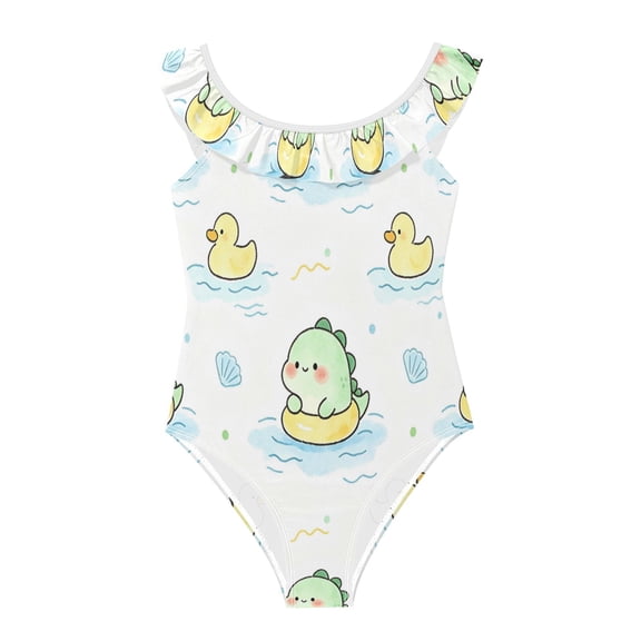 Girls Ruffled One Piece Swimsuit Summer Beach Vacation Swimwear Tank Swimsuit Swimming Dinosaur